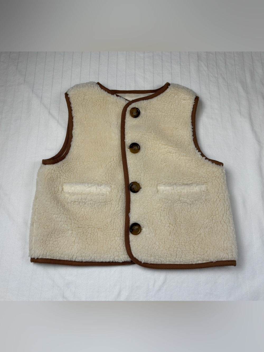 NWT Petit Sezane kids 6 5 Cream Faux Shearling Vest with Brown Trim